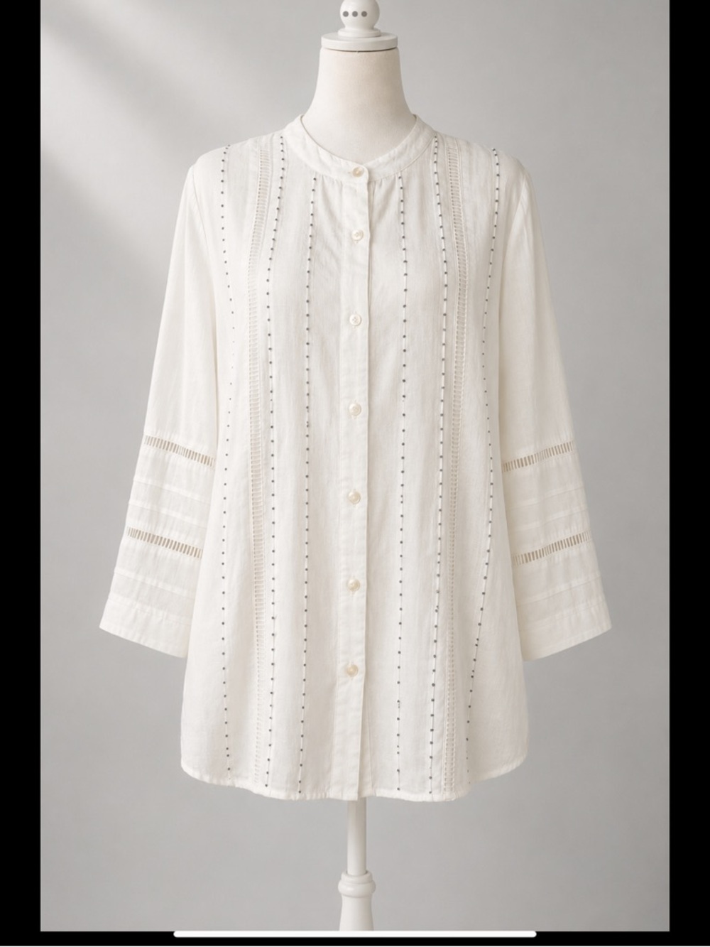 Soft Surroundings 100% Linen Beaded Tunic Blouse XS White Embellished India